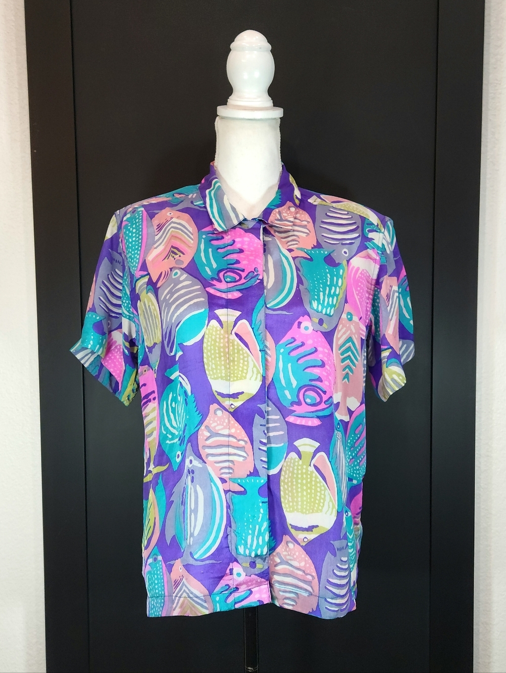 VTG Taarika USA 100% Silk Blouse Medium 80s 90s Abstract Print Bright Retro